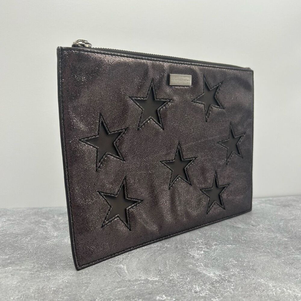 Stella McCartney Black Leather Star Pouch Wallet Glitter Zipped Logo Plaque